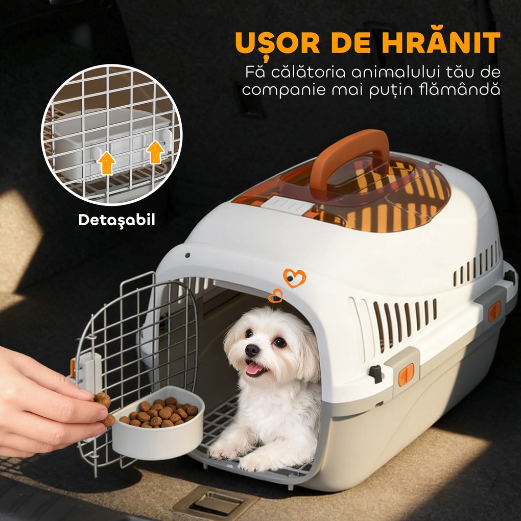 PawHut Transportor pentru Pisici și Câini Mici din Plastic, cu Fereastră Superioară, Ușă din Oțel, Bol pentru Hrană, pentru Animale max 4 kg, 49x32x31 cm, Gri | Aosom Romania