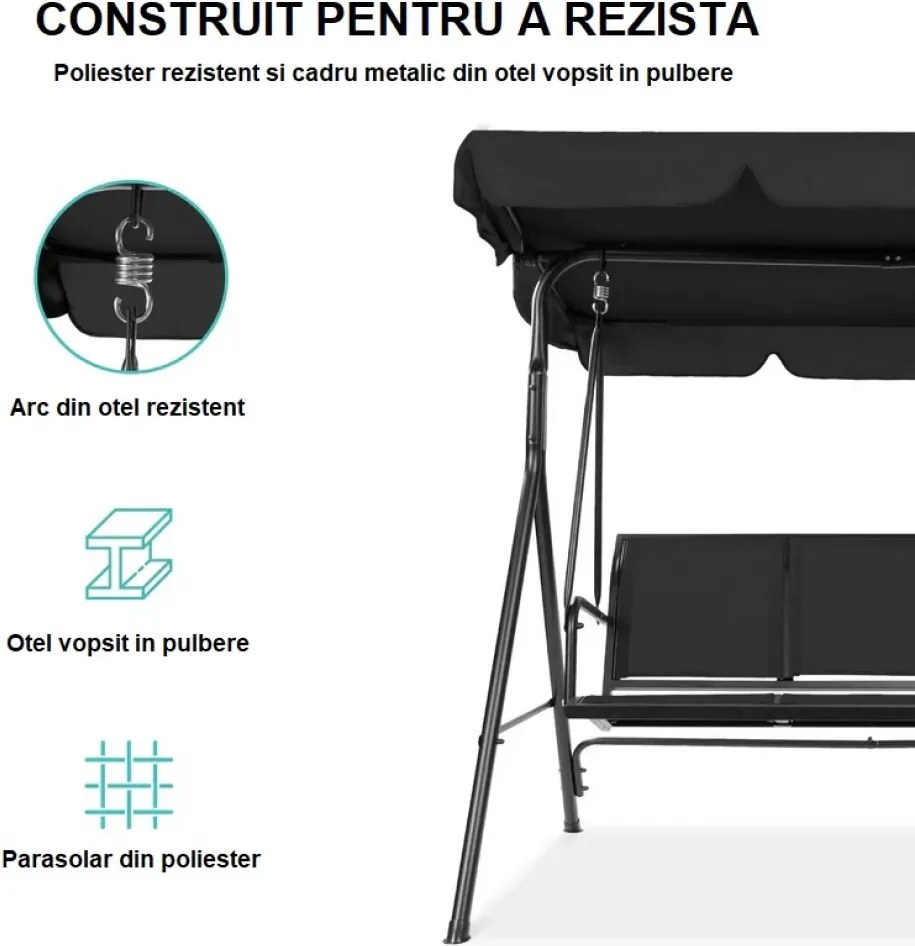 Balansoar de grădină, 3 locuri, cu baldachin și cadru din oțel, Negru