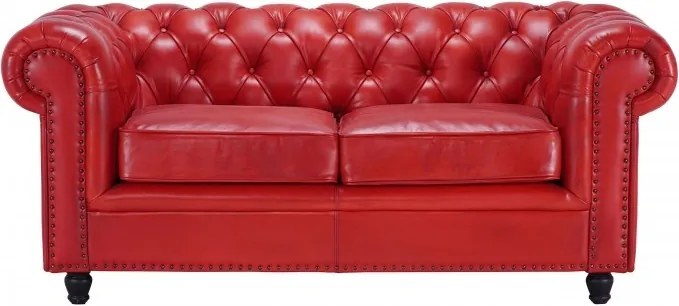 Canapea Chesterfield 2 locuri din piele naturală roșu, cu ținte decorative și picioare strunjite negre, 75 x 180 x 97 cm, „Classic Chic”