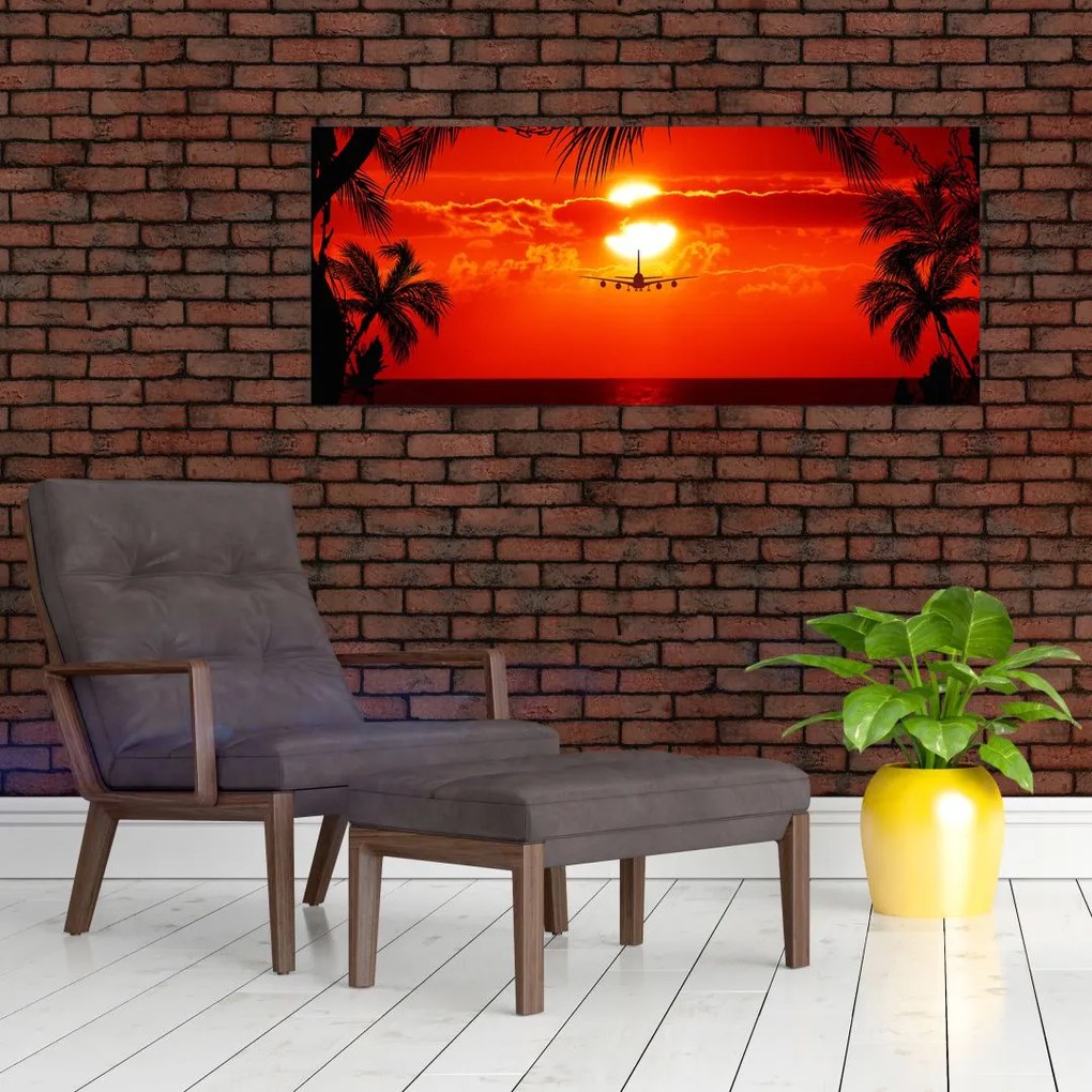 Tablou - apus de soare cu avion (120x50 cm)