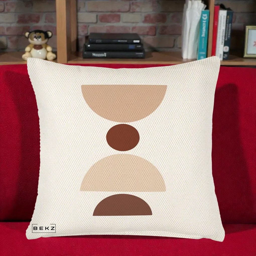 Perna Decorativa Geometric Boho Cerc si Boluri, 40x40 cm, Crem Reliefat, Husa Detasabila, Perna Inclusa, BEKZ®