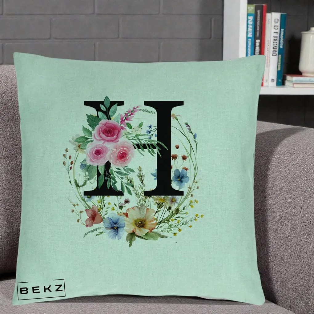 Cadou Personalizat - Perna Personalizata Monogram Litera H cu Flori Acuarela, 40x40 cm, Verde Menta, Husa Detasabila, Perna Inclusa, BEKZ®