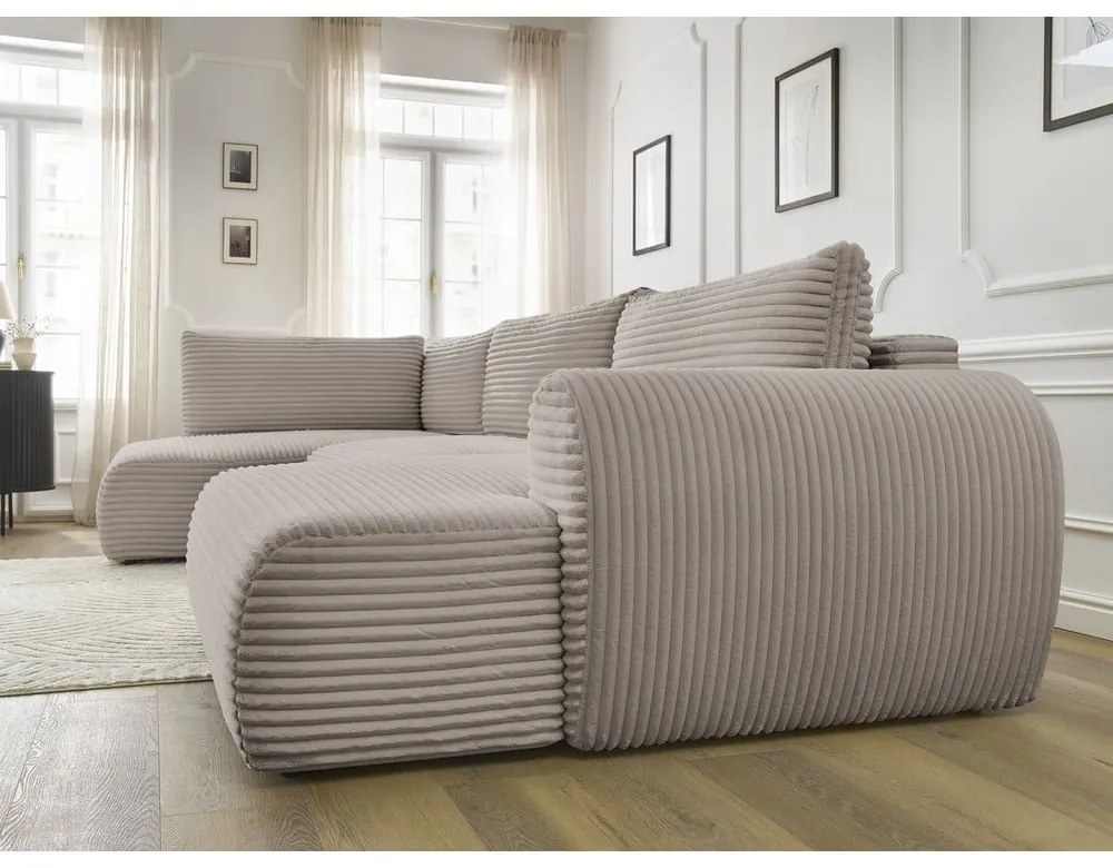 Colțar gri deschis/bej extensibil/cu spațiu de depozitare cu tapițerie din catifea reiată (cu colț pe partea stângă/în formă de "U") Lucien – Bobochic Paris