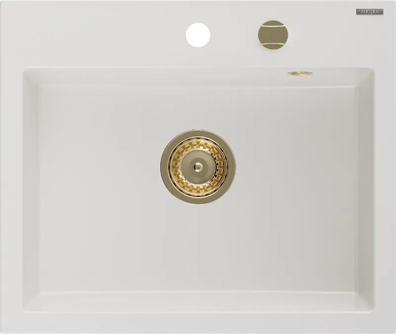 Mexen Oscar chiuvetă de granit cu 1 compartiment 580 x 490 mm, albă, sifon auriu - 6519581000-20-G
