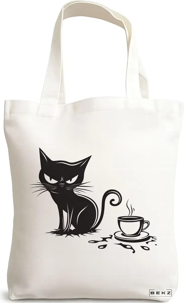 Sacosa de Panza pentru Cumparaturi, Geanta Tote, model Purrfectly Brewed 38 x 34.5 cm, Alba, BEKZ®