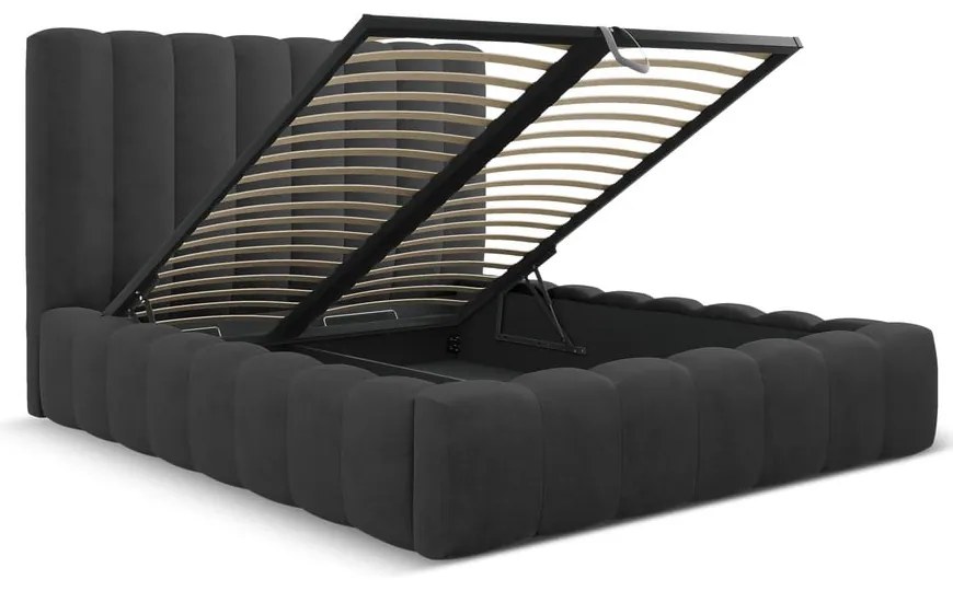 Pat matrimonial gri antracit tapițat cu spațiu de depozitare cu somieră 160x200 cm Kelp – Micadoni Home