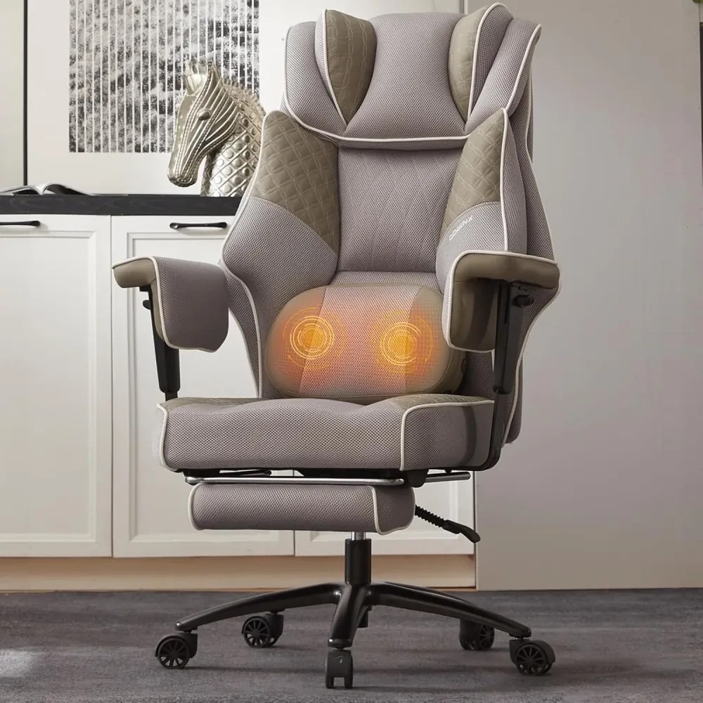 DOWINX 66B3 – Scaun directorial XXL, Extra-Lat și Construcție Heavy-Duty, Masaj Lombara Dublu, cotiere reglabile, suport pentru picioare, Rezistent 180 kg, plasă respirabilă+PU, Gri