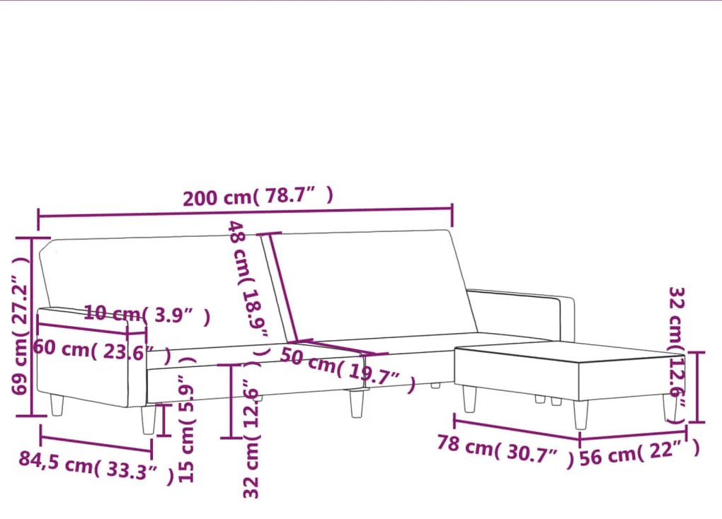 Canapea extensibila cu 2 locuri si taburet, maro, textil Maro, Cu suport de picioare