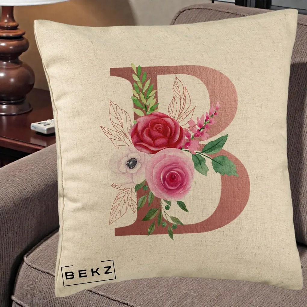 Cadou Personalizat - Perna Personalizata Monograma Rose Gold Litera B, 40x40 cm, Bej, Husa Detasabila, Perna Inclusa, BEKZ®