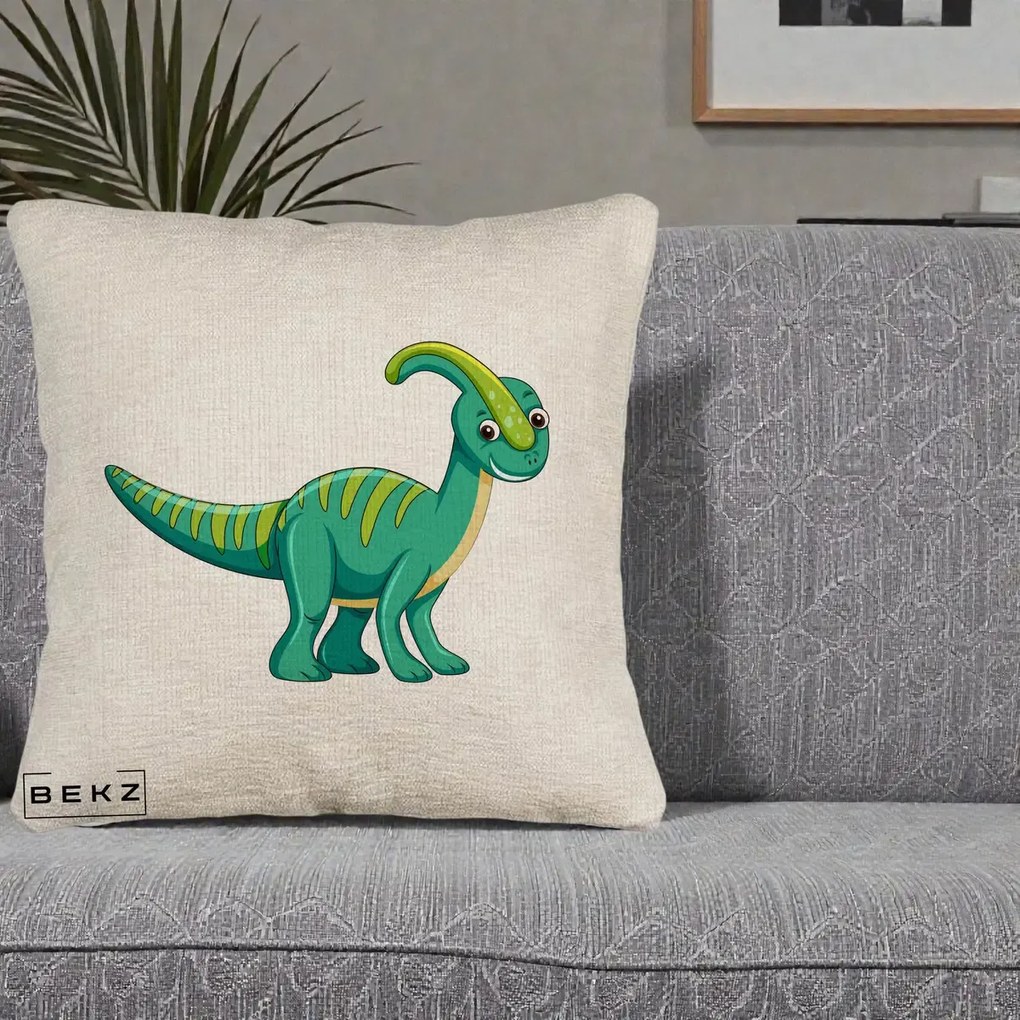 Perna Decorativa Parasaur Verde, 40x40 cm, Bej Canapea, Husa Detasabila, Perna Inclusa, BEKZ®
