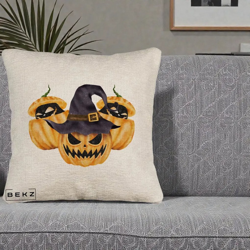 Perna Decorativa Trio Dovleci Jack-o-Lantern cu Palarie Vrajitoare, 40x40 cm, Bej Canapea, Husa Detasabila, Perna Inclusa, BEKZ®