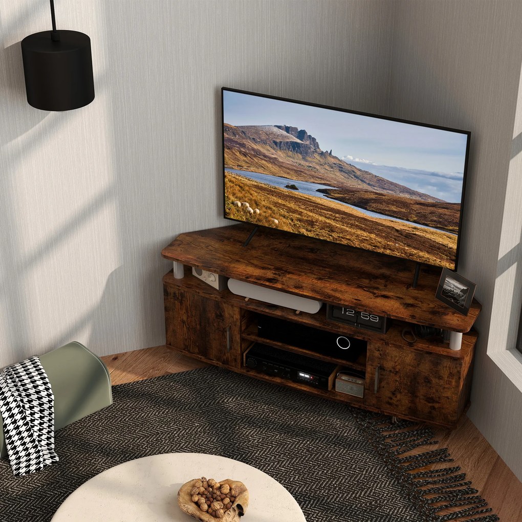 HOMCOM Stand TV pentru televizoare de până la 55 cu suprafață mare, dulapuri cu uși și compartiment deschis, maro | Aosom Romania
