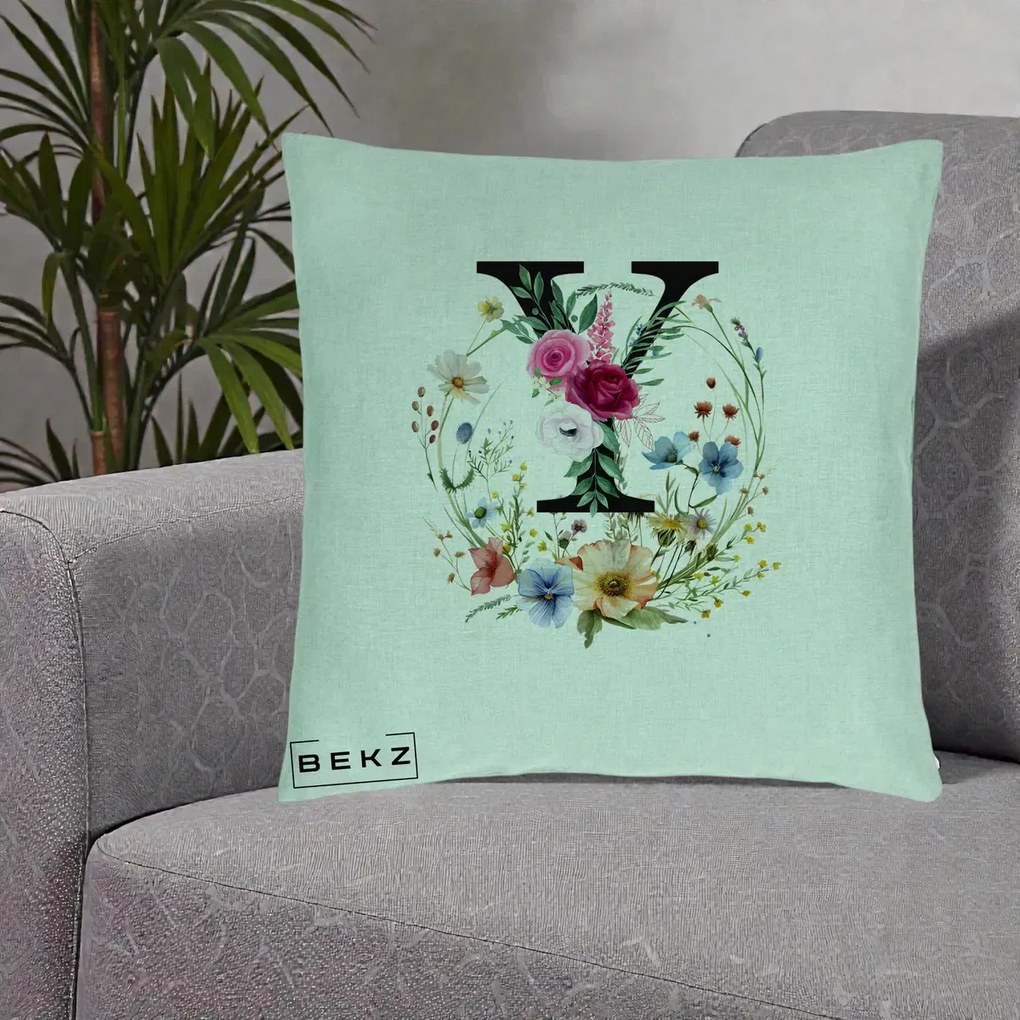 Cadou Personalizat - Perna Personalizata Monograma Florala Litera Y cu Coroana, 40x40 cm, Verde Menta, Husa Detasabila, Perna Inclusa, BEKZ®