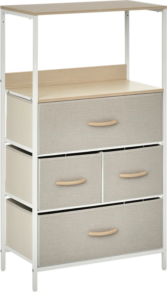 HOMCOM Comodă cameră mobilier de depozitare comodă 4 sertare din țesătură pliabile și detașabile cu rafturi deschise și cadru de metal, comodă pentru sufragerie, cameră, intrare, gri deschis | Aosom Romania