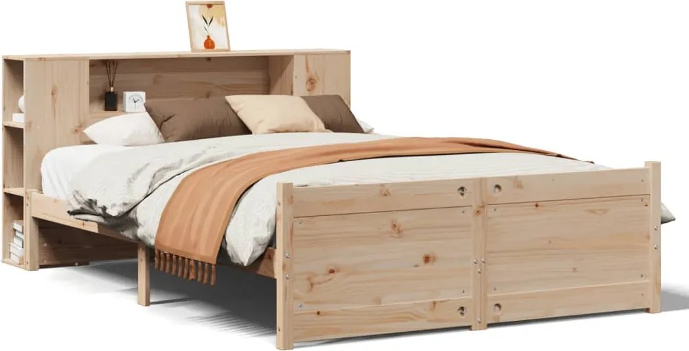 vidaXL Pat cu bibliotecă fără saltea, 135x190 cm, lemn masiv de pin