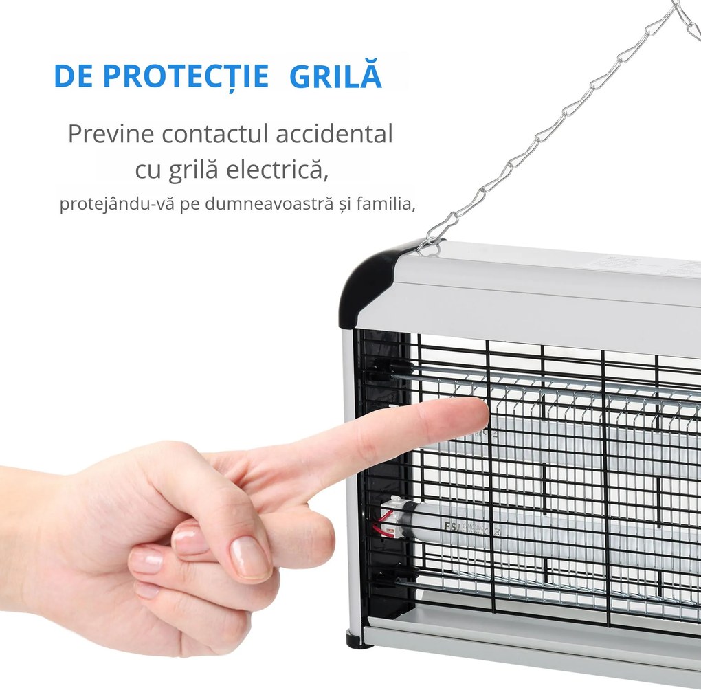 Outsunny Lampă UV Anti-Insecte 30W, Eficientă pentru 60m², Ideală pentru Exterior și Interior, Argintie | Aosom Romania