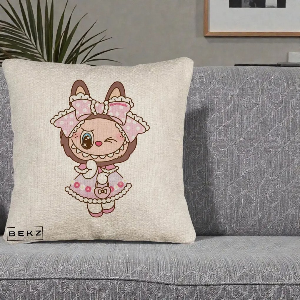 Perna Personalizata Labubu Lolita Roz cu Dantela, 40x40 cm, Bej Canapea, Husa Detasabila, Perna Inclusa, BEKZ®