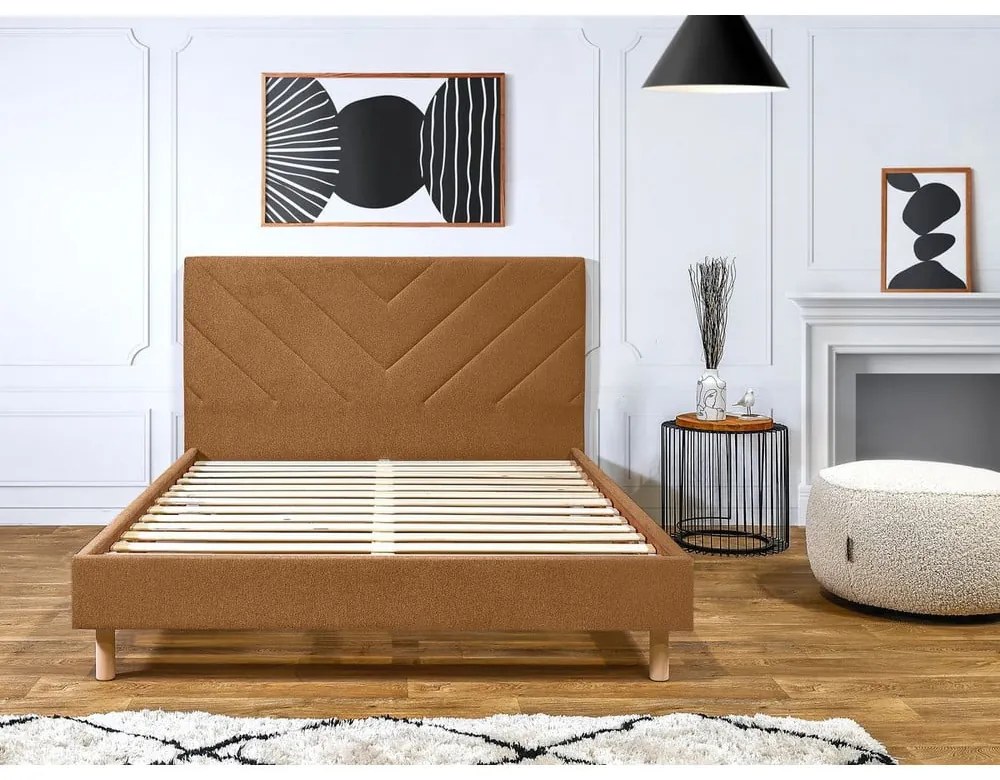 Pat matrimonial portocaliu tapițat cu somieră 140x190 cm Romane – Bobochic Paris