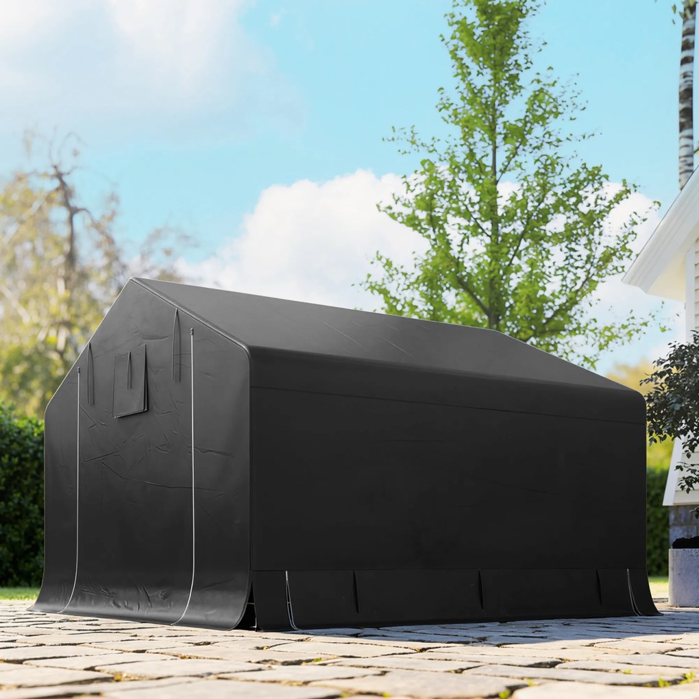 Outsunny Garaj Moto Exterior 3x3 m, Impermeabil, cu Ușă și Guri de Aerisire Rulabile, pentru Biciclete și Unelte, Gri Închis | Aosom Romania
