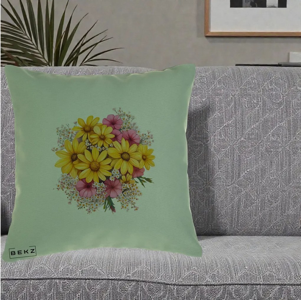 Perna Decorativa Floarea-Soarelui cu Cosmos Roz si Gypsophila, 40x40 cm, Verde, Husa Detasabila, Perna Inclusa, BEKZ®