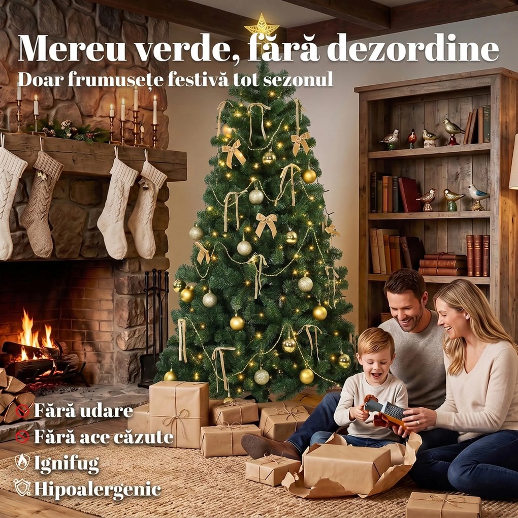 HOMCOM Brad de Crăciun Artificial 180 cm cu 240 LED-uri, 755 Ramuri din PVC, Stea, Globuri, Funde, Verde | Aosom Romania