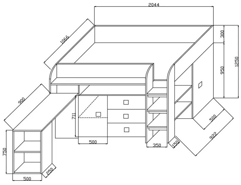 Pat pentru copii combinat 90 cm Kesa 1 (beton + alb mat). 1085822