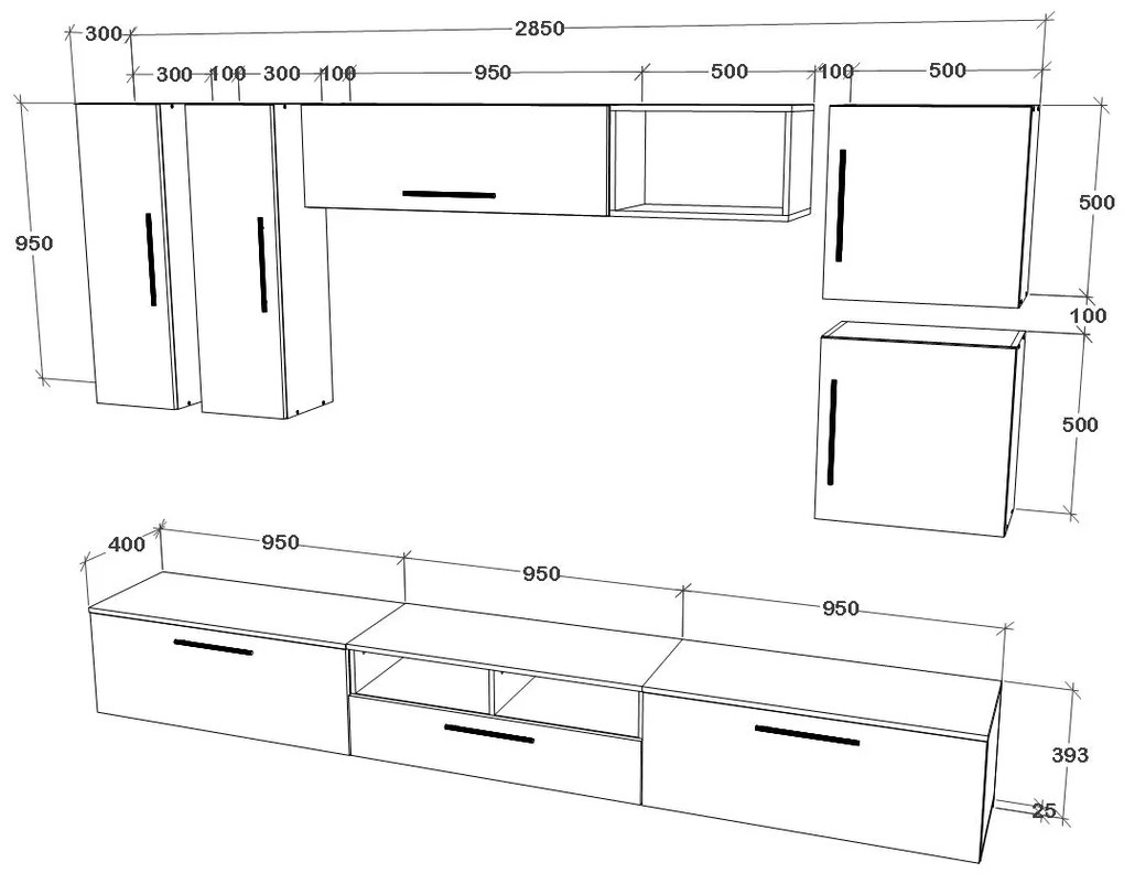 Living haaus V1, Negru/Alb Lucios, MDF, L 285 cm