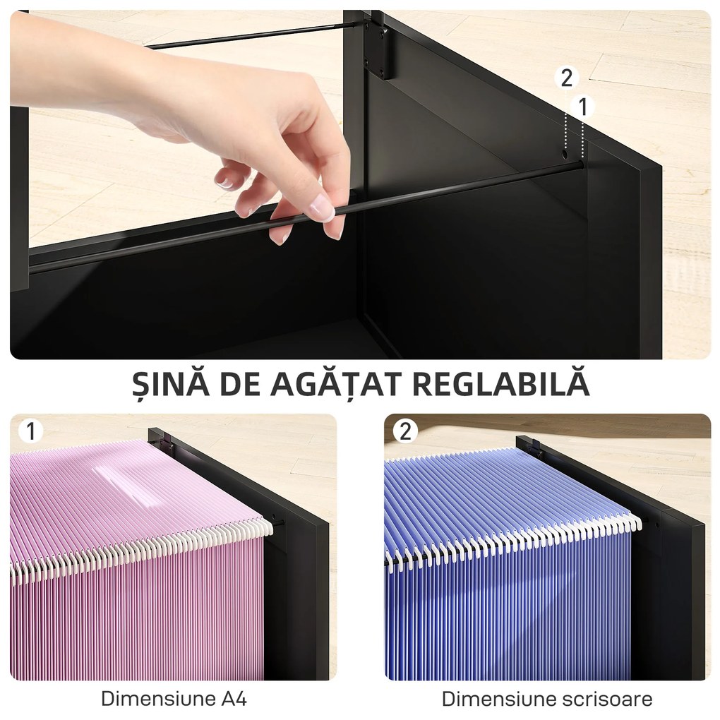 HOMCOM Comodă pentru Documente cu 4 Sertare, Șină Reglabilă, 2 Chei și 2 Încuietori, 40x40x131 cm, Negru | Aosom Romania