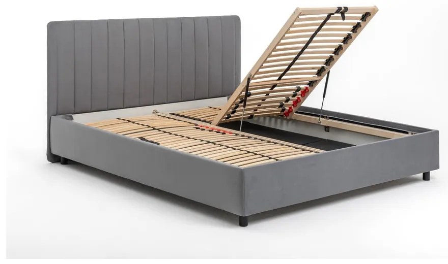 Pat matrimonial gri tapițat cu spațiu de depozitare cu somieră 180x200 cm Myra Slim Line – Bonami Selection