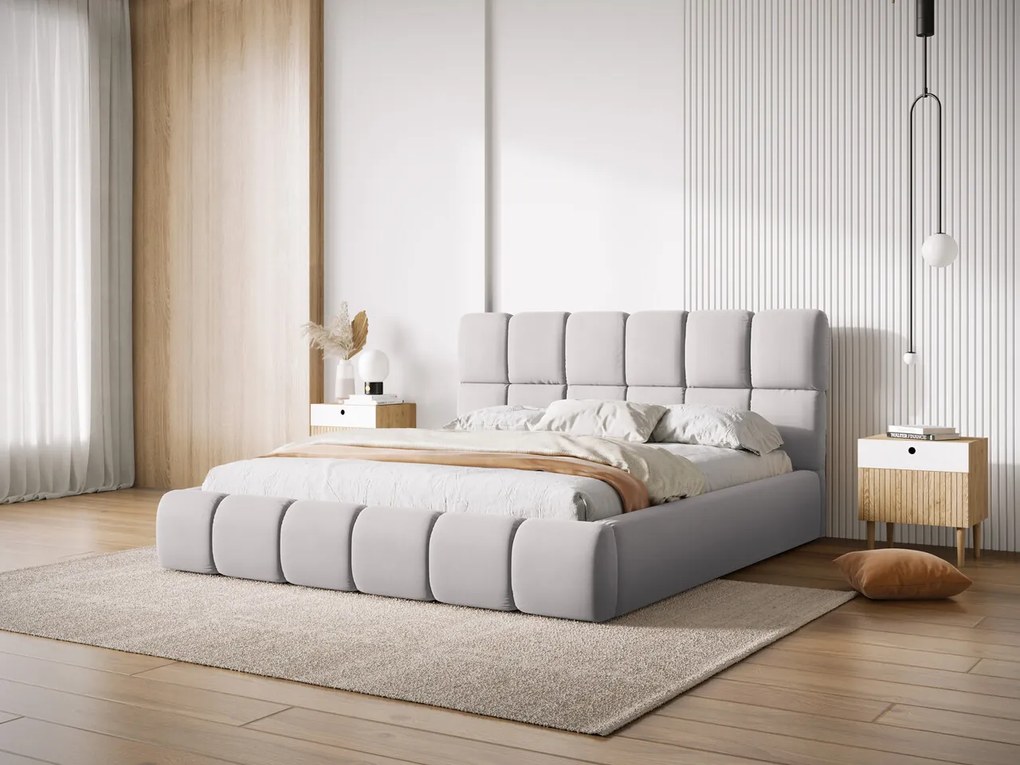 Pat tapitat cu tablie si lada depozitare, Bellis, Micadoni Home, BL, 140x200 cm, catifea, argintiu