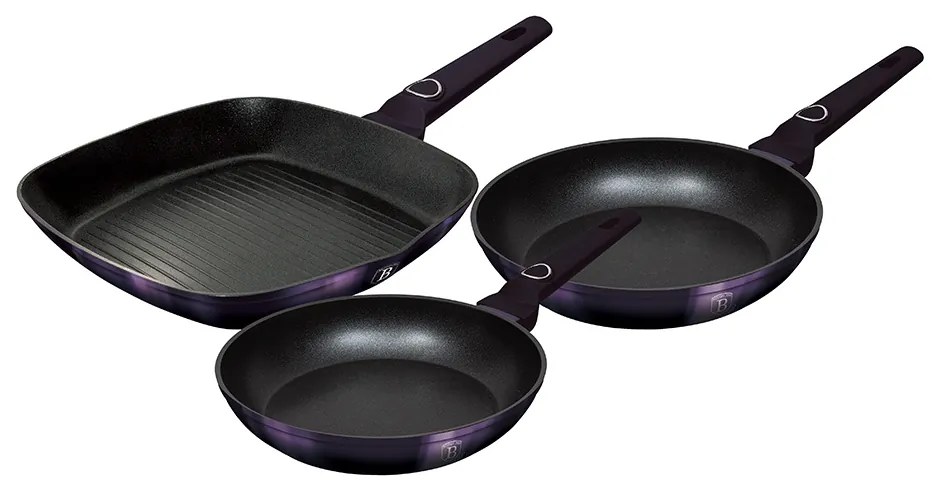 Set 3 tigai Purple Eclipse Collection Berlinger Haus BH 7104, antiaderente, titan, mov, grill, inductie, curatare usoara