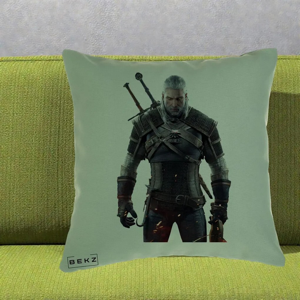 Perna Personalizata The Witcher Geralt of Rivia Portret, 40x40 cm, Verde, Husa Detasabila, Perna Inclusa, BEKZ®