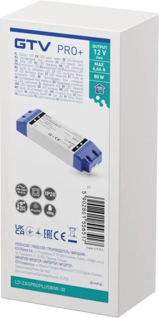 Transformator Pro+ GTV pentru bandă LED, 80W, 12V, IP20 80 W, 12 V, Plastic