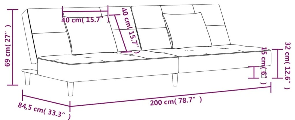 Canapea extensibila cu 2 locuri, 2 perne, albastru, textil Albastru, Fara suport de picioare