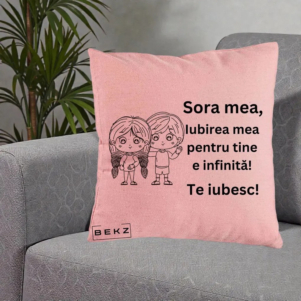 Cadou pentru Sora - Perna Personalizata Sora Mea Te Iubesc Copii Anime Line Art, 40x40 cm, Roz, Husa Detasabila, Perna Inclusa, BEKZ®