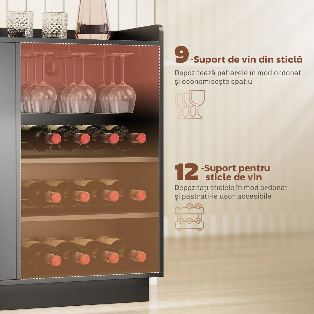 HOMCOM Dulap Port-Sticle cu Lumini LED RGB și Suport pentru 12 Sticle, Dulap pentru Vinuri cu Raft Reglabil și Uși cu Închidere Lentă din Sticlă pentru Casă, Bucătărie și Sufragerie, Negru | Aosom Romania