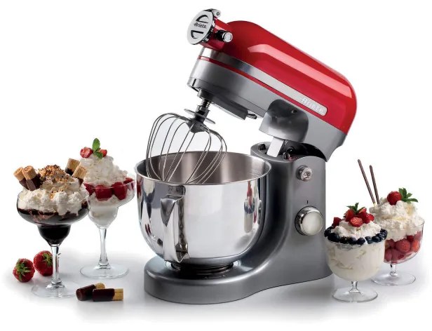 Mixer planetar Ariete MODERNA 1589/00, 3200W, 5.5 L, 11 viteze, Carcasa aluminiu, Accesorii, Roșu/Inox
