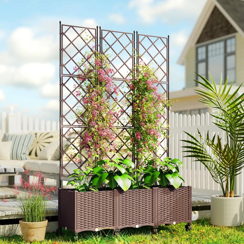 Outsunny Jardinieră Înălțată cu Grilaj 130L, Pat pentru Grădină Înălțat de Exterior cu Roți Blocabile, Sistem de Autoirigare, Găuri de Drenaj pentru Plante Cățărătoare, Legume, Flori, Maro | Aosom Romania