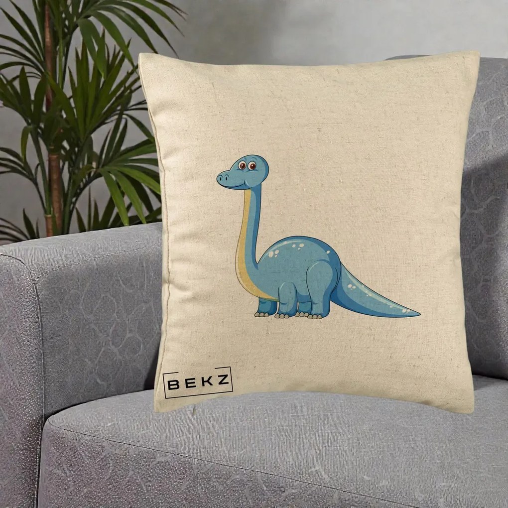 Perna Personalizata Brontosaur Albastru, 40x40 cm, Bej, Husa Detasabila, Perna Inclusa, BEKZ®