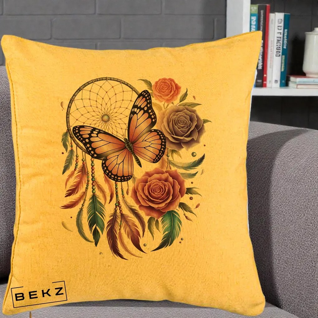 Perna Personalizata Prinzator de Vise cu Fluture si Trandafiri, 40x40 cm, Galben, Husa Detasabila, Perna Inclusa, BEKZ®