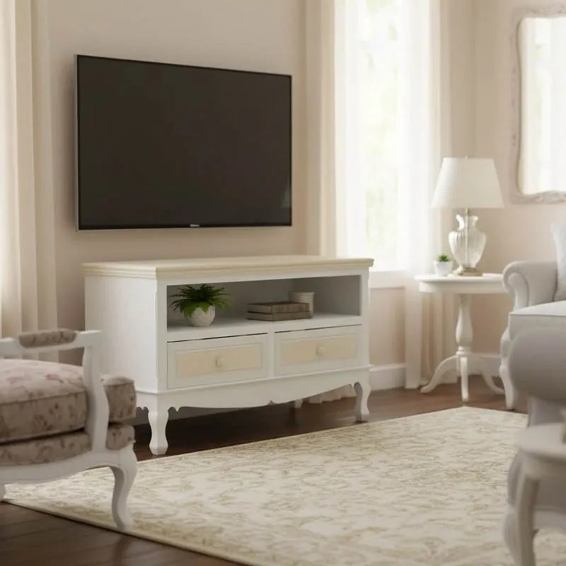 Comoda TV Jolyra din MDF, culoare naturala-alb antichizat, 100 x 42 x 61 cm