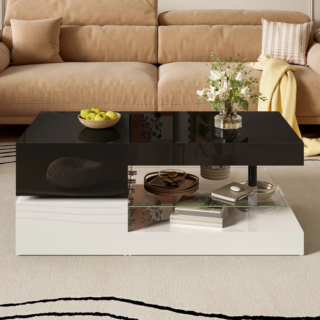 Masă de cafea cu iluminare ambientală LED, poliță din sticlă &amp; finisaj lucios, 90x45x35,5 cm, Negru+Alb