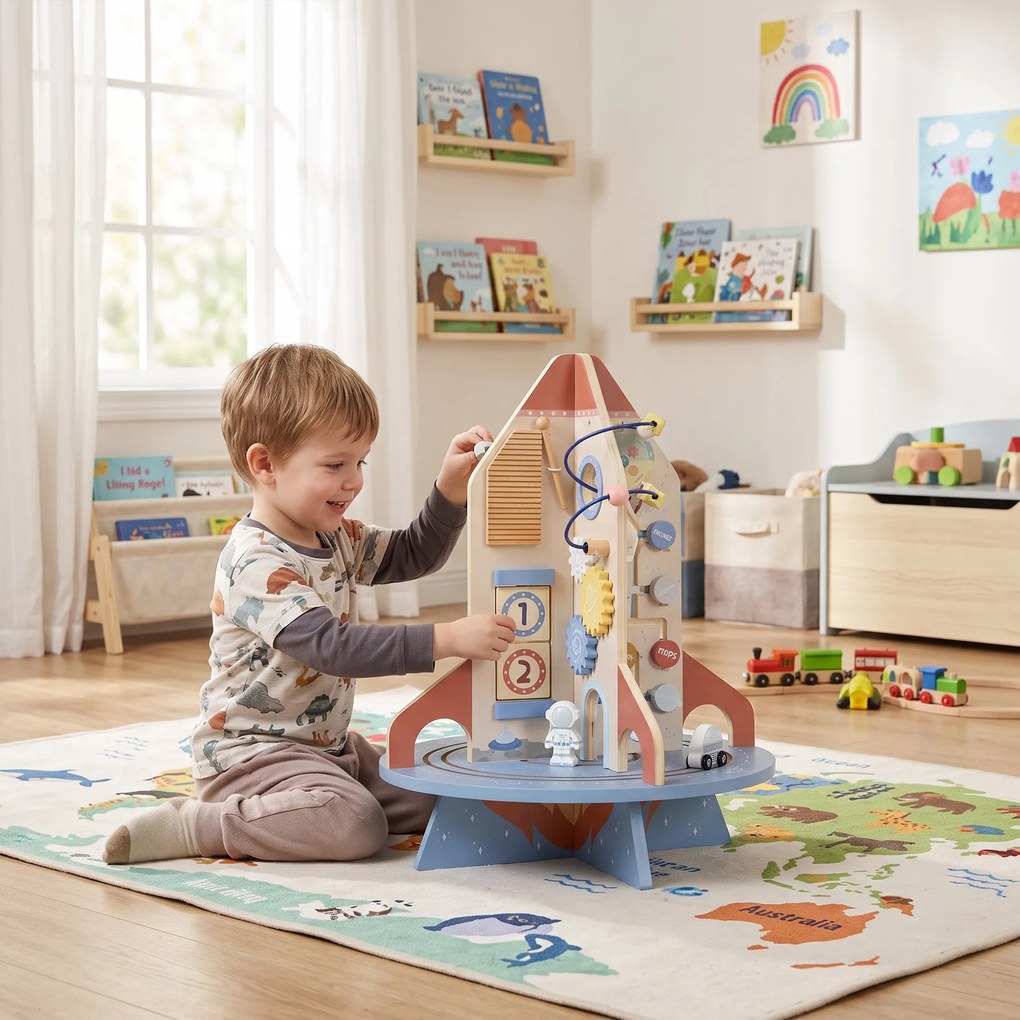 AIYAPLAY Masă Educativă Montessori pentru Copii din Lemn, cu Tematică Rachetă, Traseu de Bile, Angrenaje și Abac | Aosom Romania