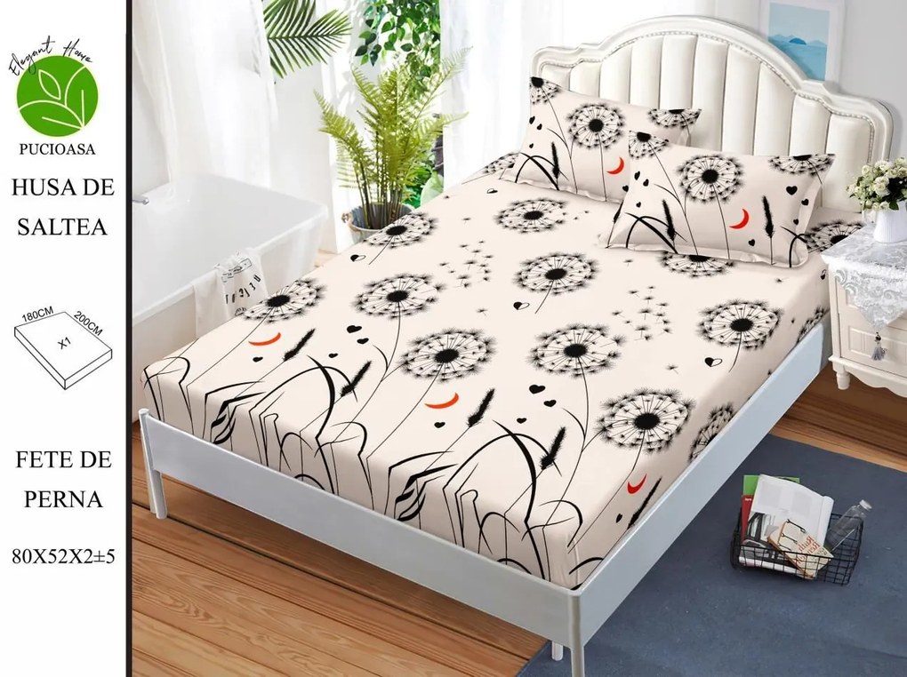 Husa de pat cu elastic 180x200 din Bumbac Finet + 2 Fete de Perna - Papadie