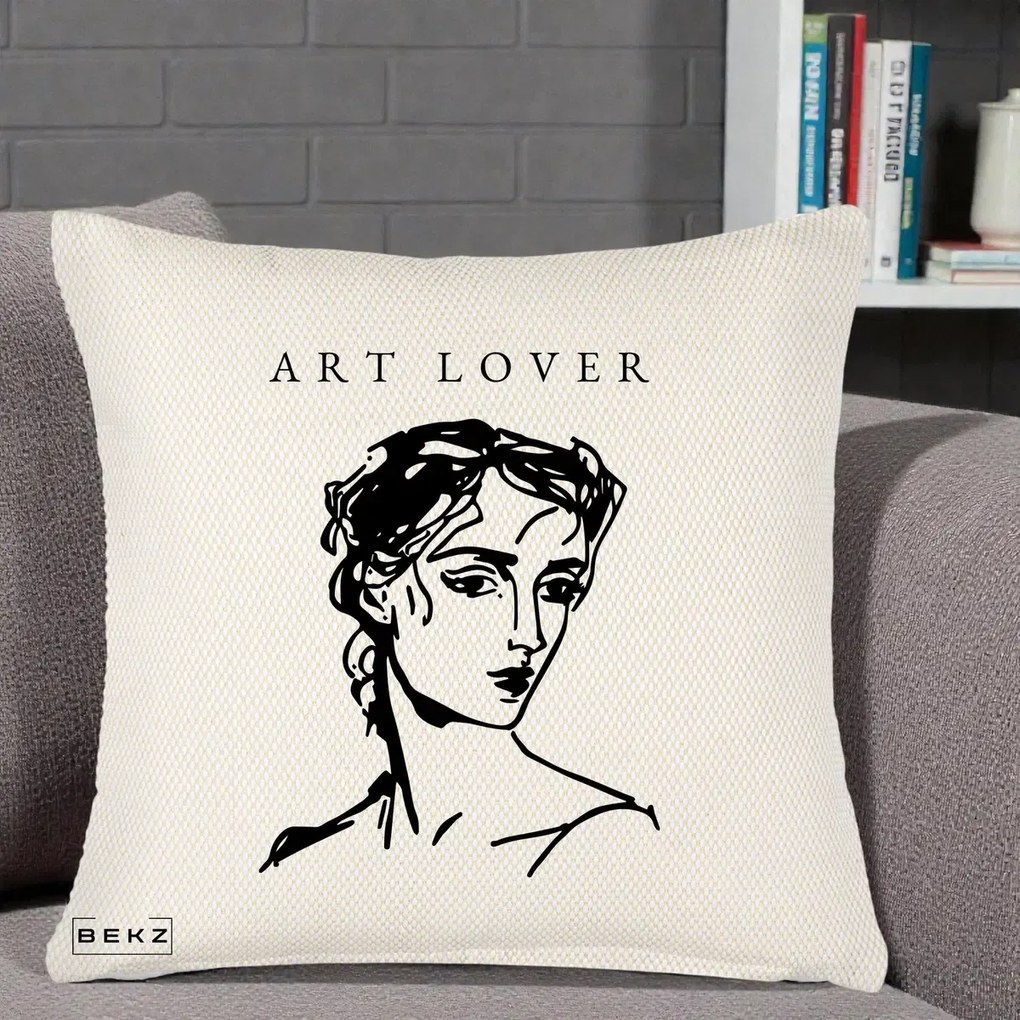 Perna Decorativa Art Lover Portret Grafic, 40x40 cm, Crem Reliefat, Husa Detasabila, Perna Inclusa, BEKZ®