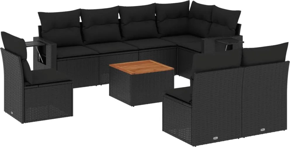 vidaXL Set mobilier de grădină cu perne, 9 piese, negru, poliratan