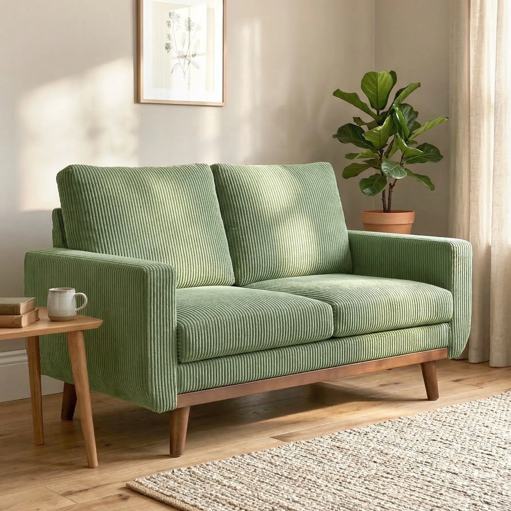 HOMCOM Canapea 2 locuri, 134 cm, catifea côtelată cu arcuri în buzunar, spătar gros, accent cu șipci din lemn, Grün | Aosom Romania