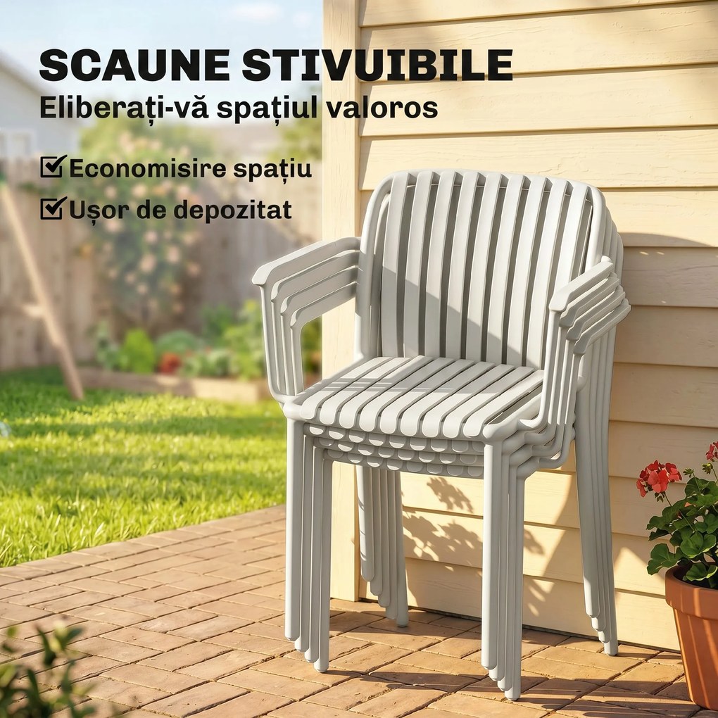 Outsunny Set 4 Scaune de Grădină Stackabile din Polipropilenă Anti-UV, Design Lamelar cu Cotiere, pentru Terasă Balcon Exterior Interior, Gri | Aosom Romania