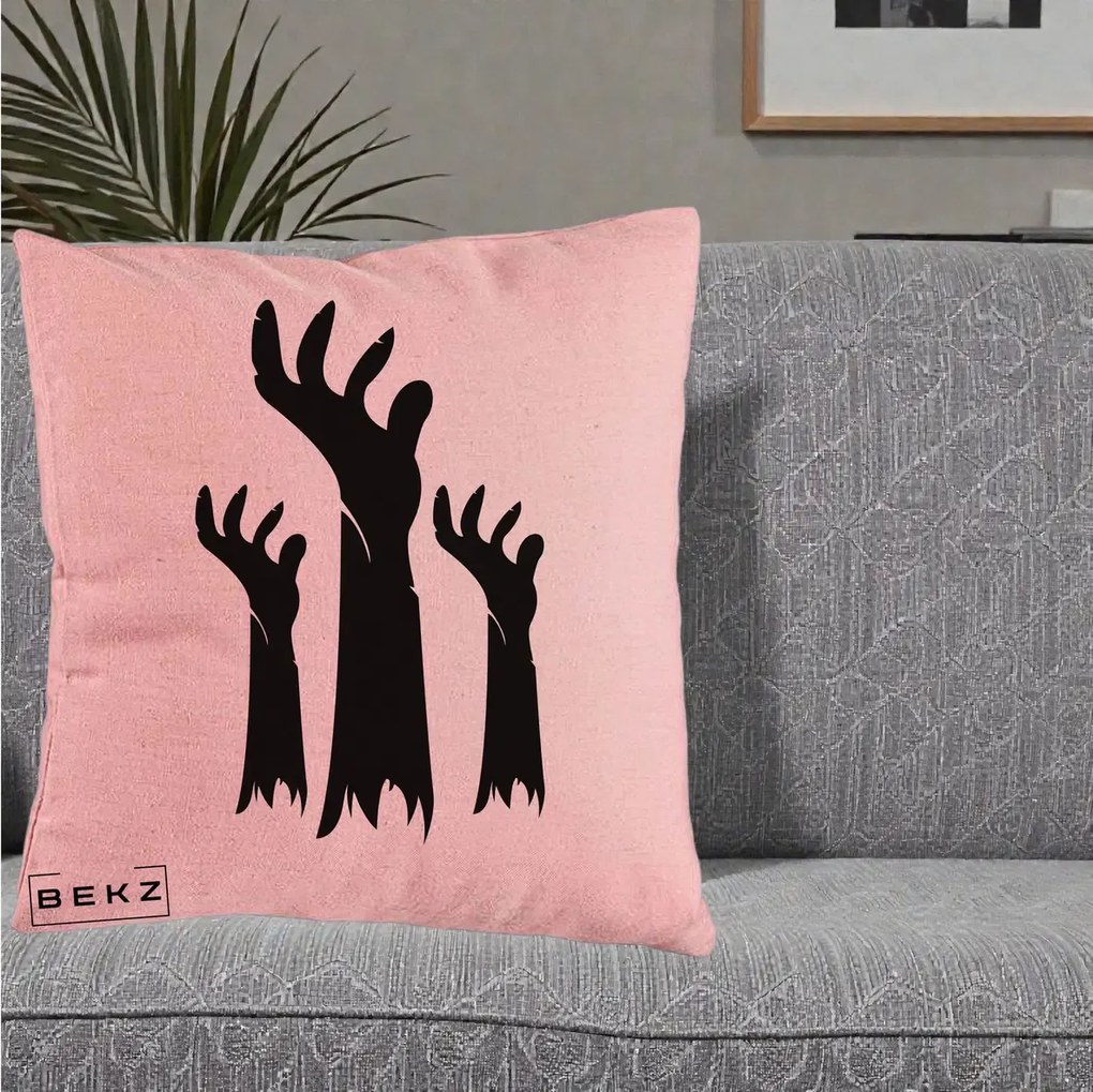Perna Decorativa Halloween Maini Zombie Alb-Negru, 40x40 cm, Roz, Husa Detasabila, Perna Inclusa, BEKZ®