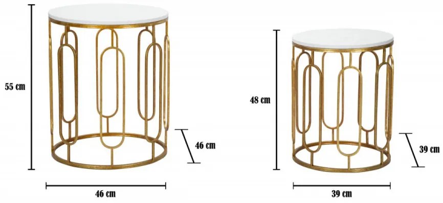 Set 2 masute auxiliare carrara alb/auriu din metal, ∅ 46 - ∅ 39 cm, Marble Mauro Ferretti